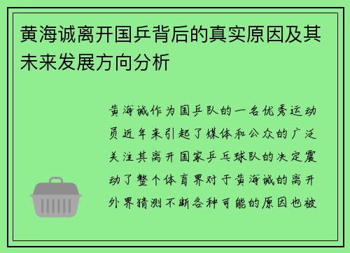 黄海诚离开国乒背后的真实原因及其未来发展方向分析 黄海诚离开国乒背后的真实原因及其未来发展方向分析